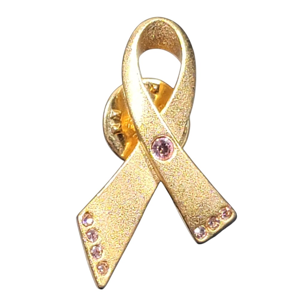 VTG 2000 Avon Breast Cancer Awareness Ribbon Lapel Pin Gold Tone Pink Rhinestone